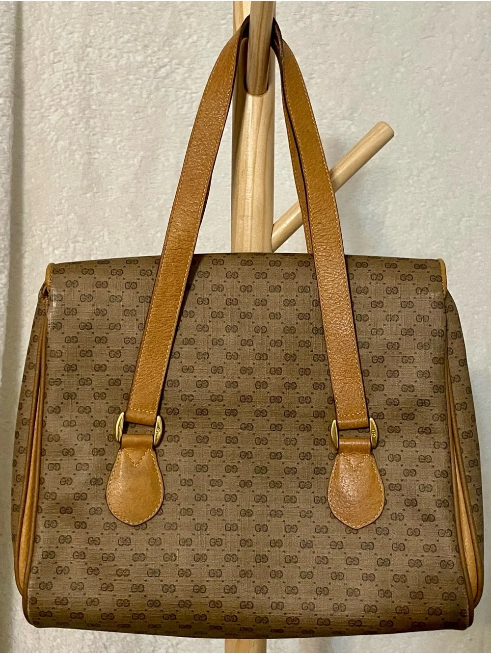 Gucci Brown Monogram Satchel with Tan Leather Trim